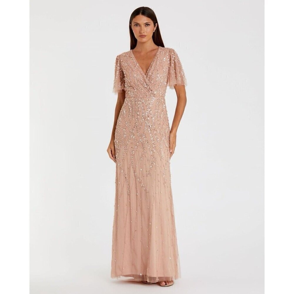 Mac Duggal Sz 6 Nude Pink 35109 Flutter Sleeve Sequin Beaded Formal Gown Dress